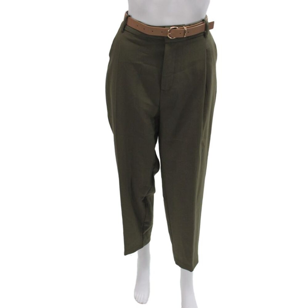 Zara Women Cropped Green Pants Polyester Zip Casual Size M